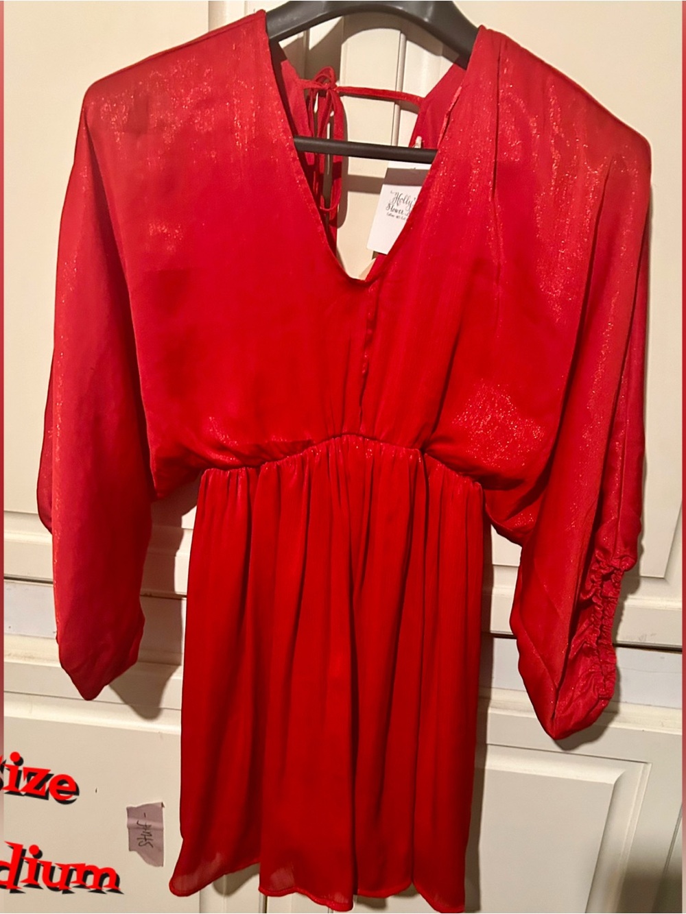 JODIFL Red V-Neck Mini Dress with Long Bishop Sleeves